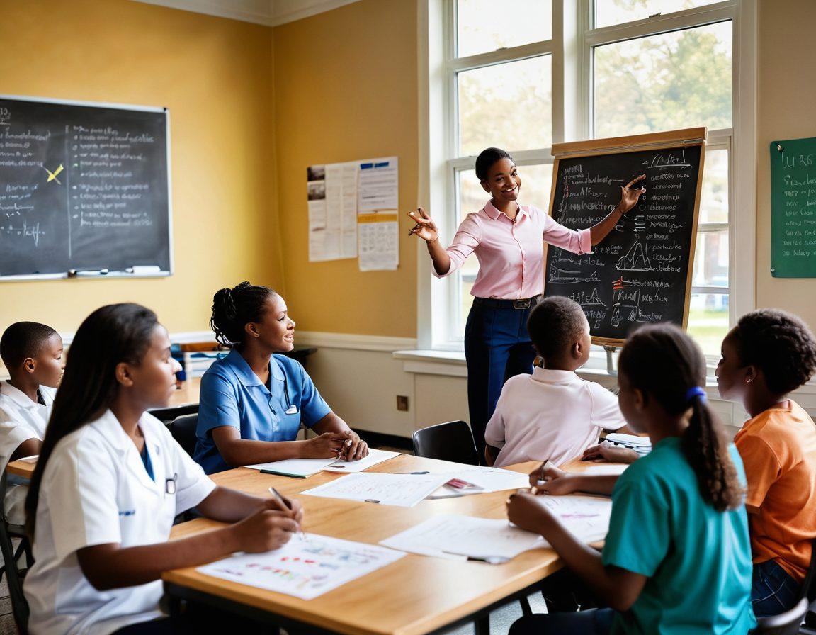 A bright and inspiring classroom scene where diverse students are engaged in learning about oncology and health education. In the foreground, a passionate teacher uses interactive tools like charts and models, while students participate enthusiastically. The background features a chalkboard with empowering quotes about education and support in healthcare. Warm sunlight streams through the windows, creating an inviting atmosphere of hope and empowerment. super-realistic. vibrant colors. soft focus.