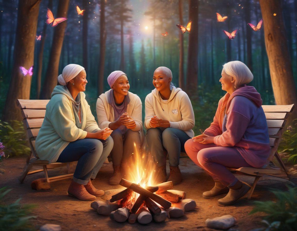 A warm and inviting scene depicting a diverse group of cancer survivors sharing stories around a cozy campfire, with soft light illuminating their smiles and resilience. Include supportive hands intertwined and symbolically represent hope through vibrant butterflies fluttering around. The background features a serene forest setting with gently swaying trees under a starry sky. super-realistic. vibrant colors. warm tones.
