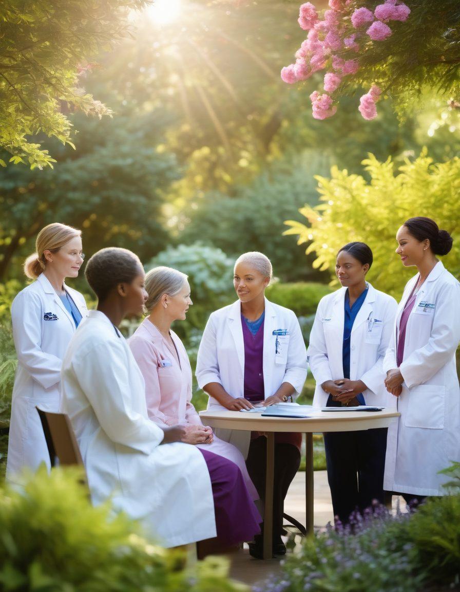 A radiant scene depicting a diverse group of healthcare professionals, including doctors and nurses, engaged in discussions while examining advanced cancer treatment technologies. In the background, a serene garden symbolizes hope and healing, with patients receiving care and support. Bright, uplifting colors convey a sense of empowerment and innovation in cancer care. super-realistic. vibrant colors. soft focus.